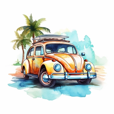 Cute Beautiful Beach Car Watercolor Sublimation Clipart,Cartoon, hyper realistic, intricate detail, illustration style,high solution,on the white background