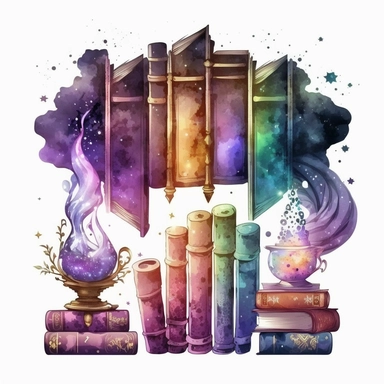Watercolor Fantasy Books Clipart, galaxy wizard book stacks and shelves beautiful separate, individual images of bookshelves, magic scrolls, quill pens, inkwell, and book stacks in fantasy watercolor style, with gold and galaxy colors.