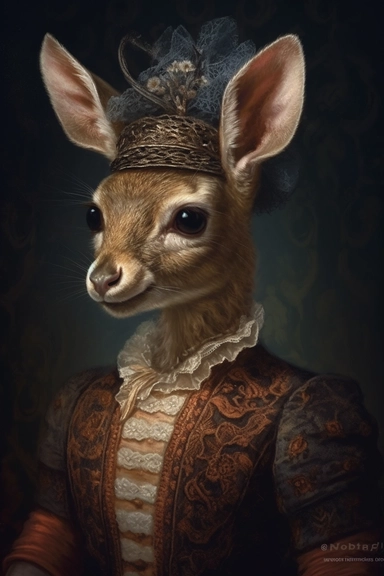 vintage dark oil painting hasselblad 24 mm three quarters shot of a cute baby deer in victorian dress , clipart, Composition: Relaxed position with intricate high hairstyle, detailed natural skin, Style: Steampunk, hyperrealism, 32k