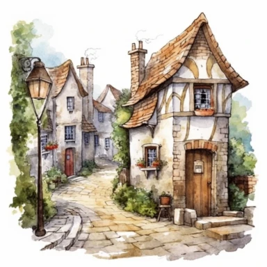 quaint old english village with narrow winding street, white background, clipart, watercolor style--q2--v5.1