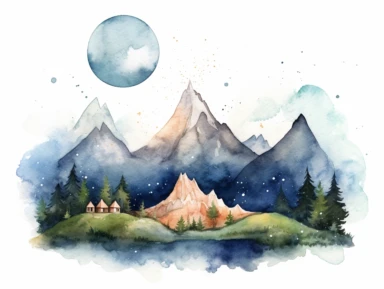 Simple mountain range with Whimsical rolling hills and mountains for a children's book, night scene, watercolor, clipart, white background,