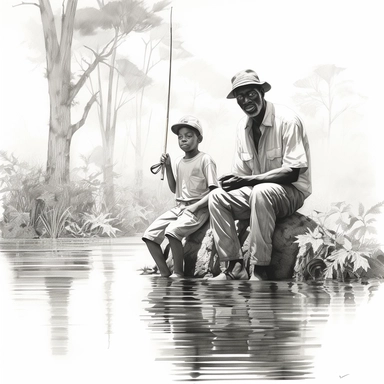 hyper-realistic line drawing of full body images of Modern elderly black man & his young grandson fishing in the middle of river, scene is quiet and serene as green nature surrounds them in background, the men are contemplative and in a peaceful mood, detailed facial expressions, intricate detail, modern clip art, editorial magazine cartoon style, 8k, 16:9