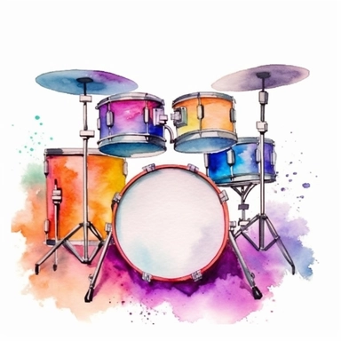 watercolor clipart, one individual drum set, vibrant splash of color, white background