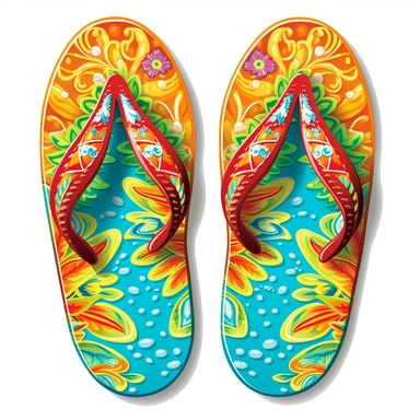 clip art, a pair of colorful flip-flops on a sandy beach, white background