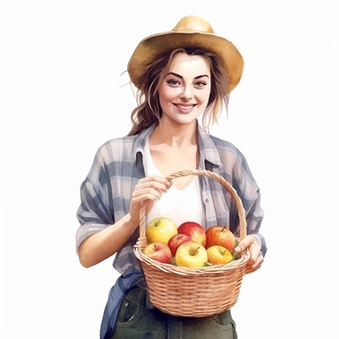 hyperrealistic high detailed happy woman holding a small apple basket watercolor clipart, white background