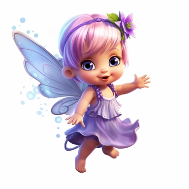 a beautiful happy baby fairy girl, purple flowered dress, blue eyes, highly detailed image, full body image, big wings, pixar style, clipart, white background,