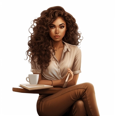 ethnic, curly dark brown hair, caramel skin tone, full lips, almond shaped eyes, silk blouse, sitting down, reading a book, cafe setting, white background, clipart