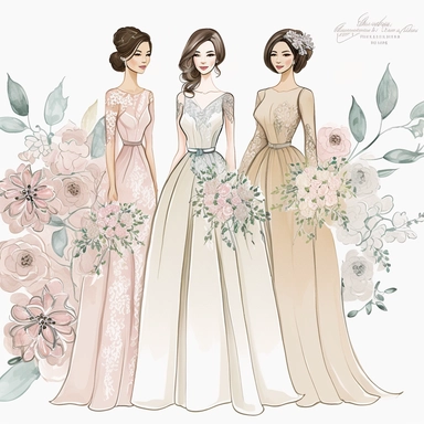 Best Friends wedding Fashion Illustration Clipart, high resoulution format,bride and bridesmaids png file