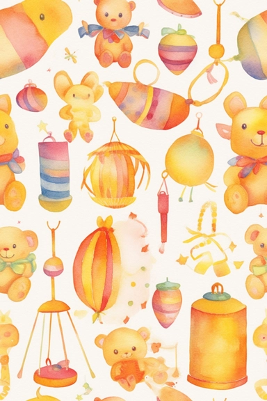 Watercolor clipart pattern of fun baby toys and accessories in vibrant hues of yellow, orange, and purple for designing a baby's room or creating party favors. (medium: digital illustration)(style: inspired by Beatrix Potter and Margaret Tarrant)(lighting: bright and cheerful with bold contrasts)(composition: repeating pattern of whimsical baby items like mobiles and rattles captured with a high-quality camera and wide-angle lens)