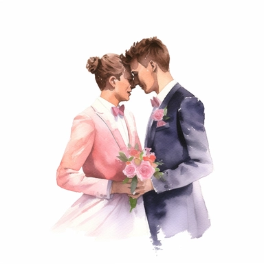 watercolour wedding couple gay, clipart on white background, highly detailed, professional color gradation, clean sharpness