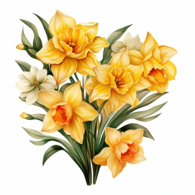 daffodils, yellow flower, watercolour clipart, small flower bundle, flower details, leafs in PNG file, transparent background, no text, no watermark, transparent background--style original