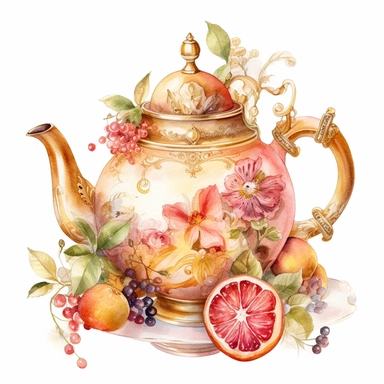 clipart watercolor porcelain tea pot, in the style of pink and gold, digital illustration, elaborate fruit arrangements, oshare kei, tinycore, spectacular backdrops, white background