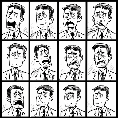 Silent comic strip of one funny businessman, expression sheet, disgusted dismayed ecstatic emotionless empathetic enthusiastic envious excited, new yorker cartoon, Dana Fradon, cynical realism, clipart, minimalist, simple, featured on tumblr, black and white