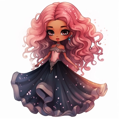 A cute detailed black girl in chibi style, Jasmine Becket - Griffith style, watercolour illustration clipart with real glitter detail, wearing a beautiful pink full length ballgown style dress, the girl has long red hair, the girl has blue eyes, full body image, with feet isolated on a white background,