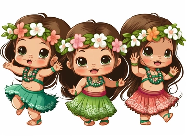three cute baby hula dancers with beautiful long hair dancing clipart , big eyes, wearing green hula skirts and colorful tops, Hawaiian inspired pink floral crowns, Disney inspired art, digital art, baby Hawaiian dancers, realistic,