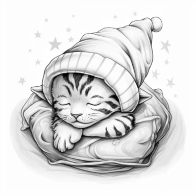 colouring book, black and white, simple art, a cute baby tiger cub sleeping on a mega pillow, pyjama hat on, closed eyes, magical tale, for ages 2-6, adorable, bedtime, clipart, no fill, no background