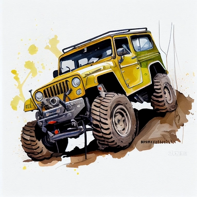 yellow off-road 4x4 vehicle, on a white background, watercolor, Illustration clipart, 4K, extremely detailed