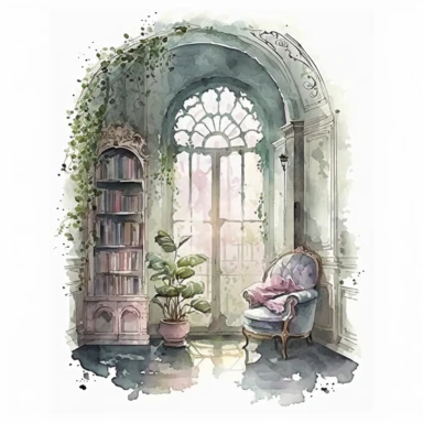 watercolor reading nook victorian building, soft colors romantic setting, academia clipart, solid white background, highly detailed, hd, 8k