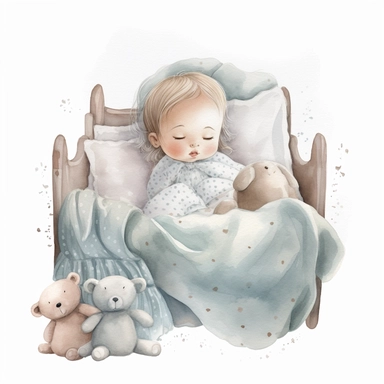 Create an adorable clipart of a baby girl peacefully sleeping in a crib, with a blanket and a stuffed animal., isolated white background, watercolour Clipart, 8k, high quality