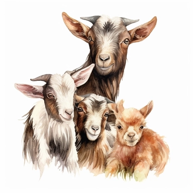 new born baby dwarf Nigerian goats with their mother, very detailed and realistic, watercolor, white background with margins, clipart style