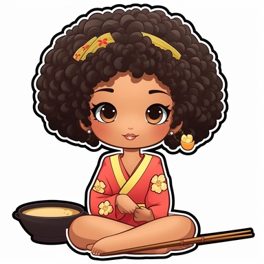 vector clipart stickers of an african american black kawaii girl dressed in traditional japanese kimono sitting on the ground eating a bowl of noodles with chopsticks with proportional well defined hands, bent knees and bright beautiful brown eyes looking into the camera with defined anime eyes disney kawaii, defined arms and hands, afro kawaii clipart, black asian girl clipart, brown skin asian clipart chibi stickers, character page dark brown skin kawaii girl