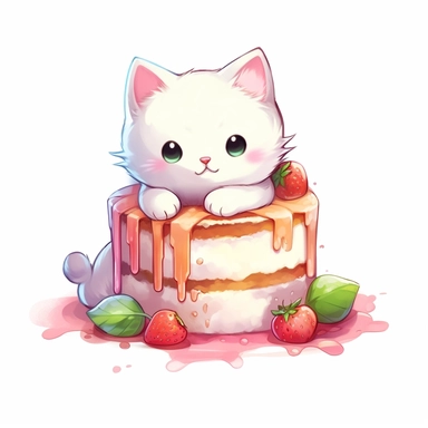 Clipart of a cute cat eating a cake kawaii style full multicolor white background