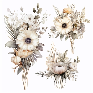 Watercolor Elegant Neutral Colors whites, creams and grays Bohemian Bouquet, Floral Clipart, Bohemian Wild Flowers, Bohemian Bouquet Watercolor, 8k
