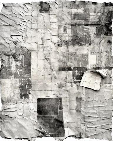 distressed low resolution monochrome photocopy, abstract found paper collage textures, clipart bitmap with dithering on crumpled white paper, smudges, poor image quality, faded, low toner