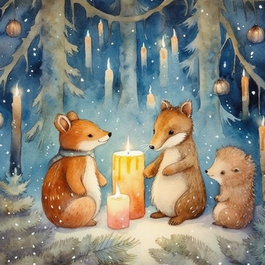 cosy Christmas Eve, snowy forest, forest animals celebrating Christmas, calm, twinkling lights, ornamental watercolor, clipart