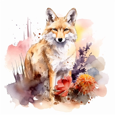 watercolor painting of a Coyote, clipart, watercolor clipart, watercolor splashes, illustration, artsy, desert, tumbleweed, desert flowers, warm colors, white background