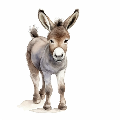 an active baby donkey with kind eyes clipart with watercolor illustration,full body shot,8k,etsy style, white background