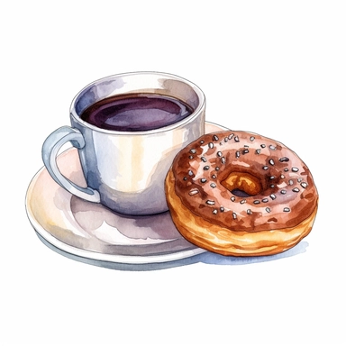 Full isolated coffee cup and donut on a plate on a white background, bolded outline clipart sticker watercolour style, bolded outline sticker, front view, isolated on a white background