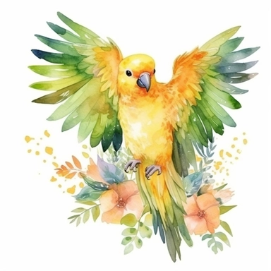 vibrant watercolor cute tropical yellow parrot flapping wings with flowers and leaves surrounding his feet clipart isolated no background