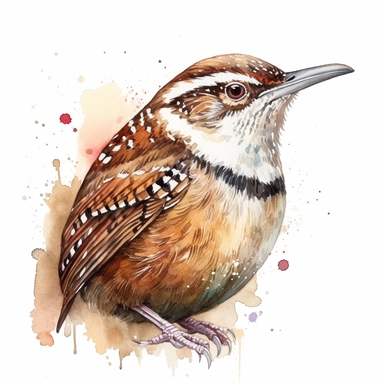Carolina wren sharp illustration clipart, watercolor art, insane detail, white background