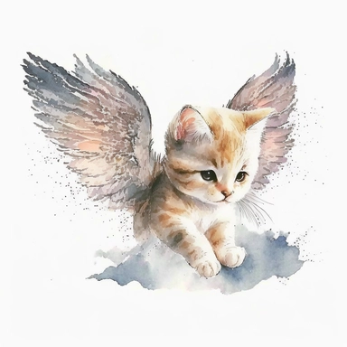 kitten with angel wings flying, cute, watercolor, white background, clipart