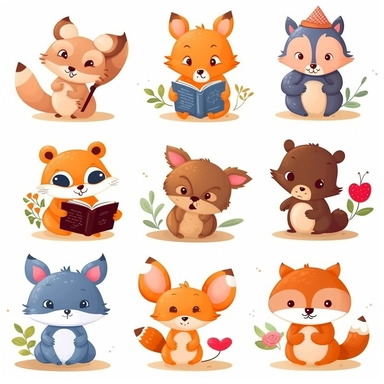 Create a set of clipart featuring cute animals engaged in various activities like reading a book, playing with a ball, gardening, or cooking. These versatile and adorable animal illustrations can be used in various educational materials, children's books, or crafting projects.