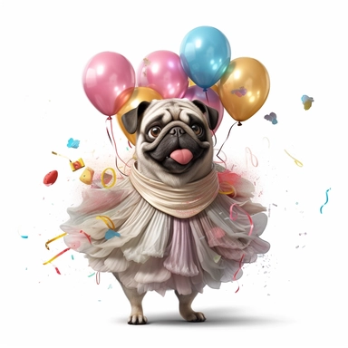 cute anthropomorphic pug dog girl dressed in a cenderella dress celebrating birthday, many streamers and balloons behind her, unreal engine, octane render, in style of tom mcgrath, white background, clip art,