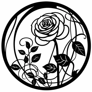 Left aligned, bottom aligned, quarter of a circle, art nouveau style, black lines, detailed, flat design, flat, rose flower, white background, Black and white only, simple design, clipart style,