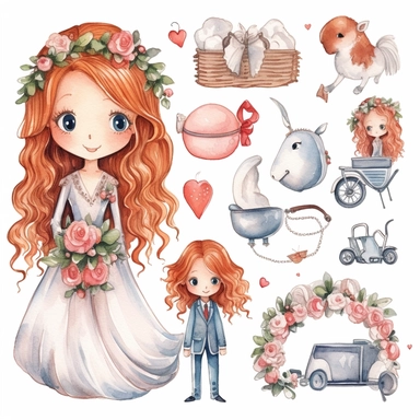 Wedding rings tied with a ribbon, cute kawaii wedding illustrations clipart set, ILLUSTRATIONS FOR THE BOOK, cartoon elements, different variants, girl with long hair in a wedding veil, wedding, husband and wife Love, Hearts balloons, veil, garland, wooden elements, sit on a bench, on the car, white transparent background separate elements with a margin Watercolor