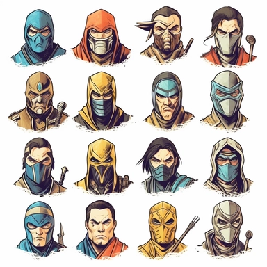 colored doodle hand drawn illustrations of mortal kombat characters faces clipart, white solid isolated background, very fine pencil style, minimalist sketches, very thin lines, delicate lines, simplistic designs, accurate and detailed, meticulous design, high quality