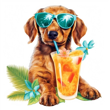 Imagine a cheerful clipart puppy wearing sunglasses and a Hawaiian shirt, lounging on a beach towel with a tropical drink in its paw, enjoying a sunny day on a clean white background.