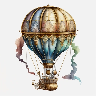 Design a watercolor style hot air balloon with intricate brass fittings, a steam-powered burner, and a network of cables and ropes for stability. High resolution with white background. 4k clipart