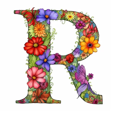 A digital illustration of the flower alphabet clipart for the letter P featuring a vibrant and whimsical style reminiscent of the works of Beatrix Potter. The letter P is creatively formed by a variety of colorful and intricate flowers, each with its own unique shape and petal arrangement. Against a clean white background, the floral P stands out prominently, exuding a sense of elegance and natural beauty. Soft, diffused lighting ensures that every detail of the flowers is showcased with clarity