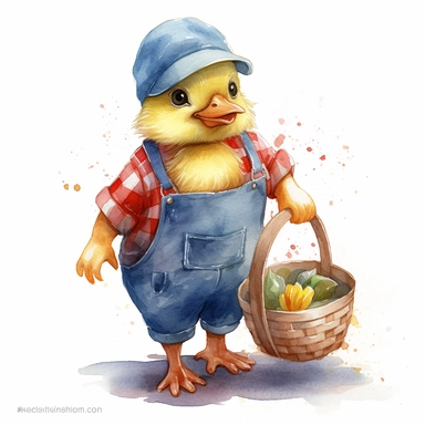 An anthropomorphic yellow beak baby chick wearing farmer's blue overalls and a red bandana clipart,happy expression, carry tiny basket full of eggs, standing dynamic pose, front side view, in the style of watercolor cartoon clipart, beatrix potter style, pixar style, high resolution, composition free space, pastel color scheme, soft and tender, watercolour clipart, watercolor illlustration for kids and children,isolated white background, clipart most popular on etsy, book illustration, featured 