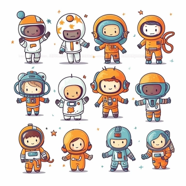 cute Astronauts cliparts in hand drawn vector illustration on white background.