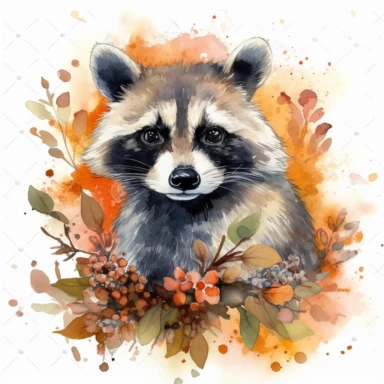 A whimsical raccoon watercolor Clipart, showcasing a mischievous raccoon perched on a branch, its fur painted in vibrant hues of orange, gray, and black, capturing the raccoon's playful expression and inquisitive eyes, surrounded by delicate watercolor leaves and flowers, Artwork, watercolor painting on textured paper,