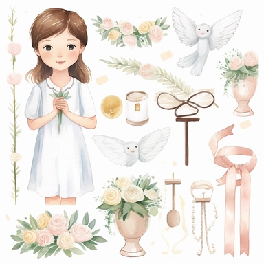 First communion illustrations clip art set, watercolor, white background, simple, soft colors, cartoon elements girl, boy, holy cross, white doves, tulips, peonies, eucalyptus branches, wooden rosary beads, powder pink flowers, girl on the day of her first communion with white balloons on a wooden bench