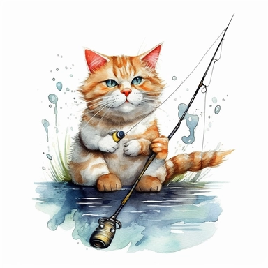 Cute Beautiful Funny Cat Fishing Big Fish Watercolor Sublimation Clipart,Cartoon,hyper realistic, intricate detail, illustration style,high solution,on the white background
