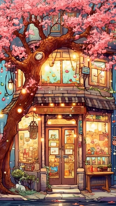 Very very cute and Whimsical quirky Jazzy coffee shop, building corner, cherry tree blossom, Raining colorful, Watercolored illustration in the style of Michael Powell, clipart, city vibe background - 8K