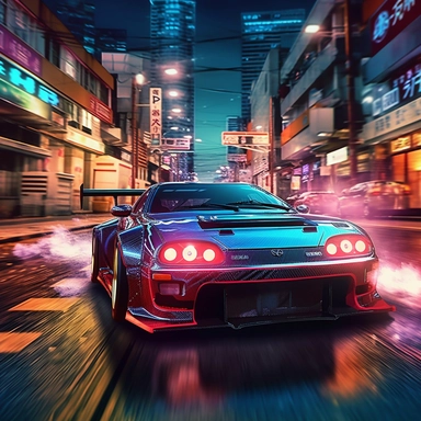 clip art of super tuned wide body kit car driving through flashy japanese skyline light beams reflecting off the car on a cold midnight scene